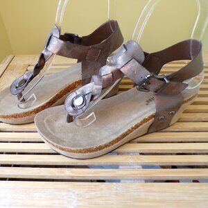 Pierre Dumas Chantal Womens Size 6 Wedge Sandal Bronze Ankle Strap Shoes